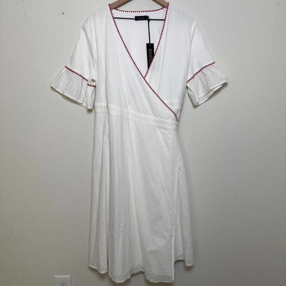 NEW Roolee Women‎ Wrap Dress 2XL White Cottage Red Ruffle Embroidered Midi